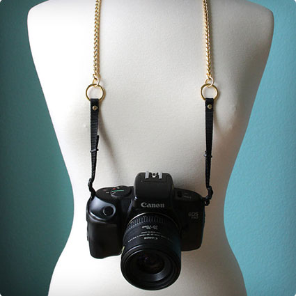 Gold Chain Black Leather Camera Strap