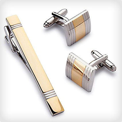 Two Tone Golden Cufflink and Tie-Clip Set
