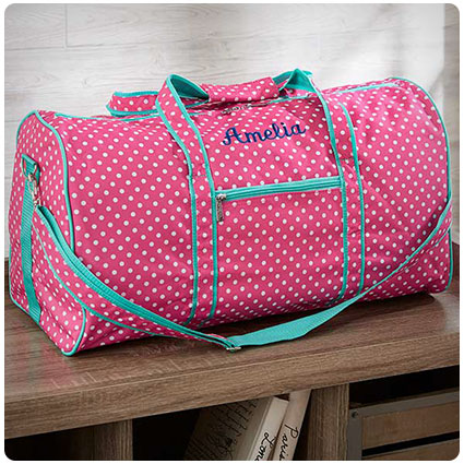 Pink Polka Dot Embroidered Girls Duffel Bag