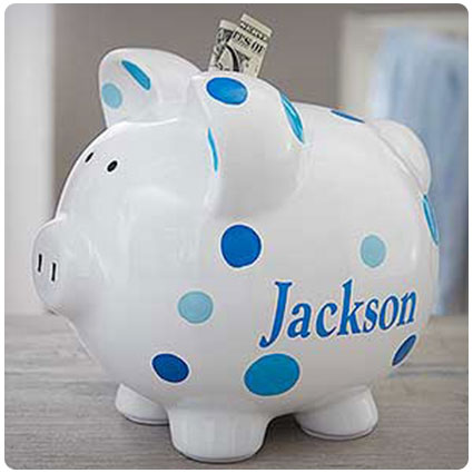 Baby Boy Blue Polka Dot Personalized Piggy Bank