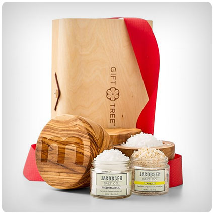 Engraved Olive Wood Salt Cellar And Artisan Salts