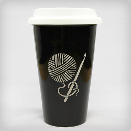 Crochet Hook Travel Mug - Black - Double Wall Ceramic Stoneware