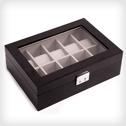 Large Glass Top, Leather 12 Watch Display Box